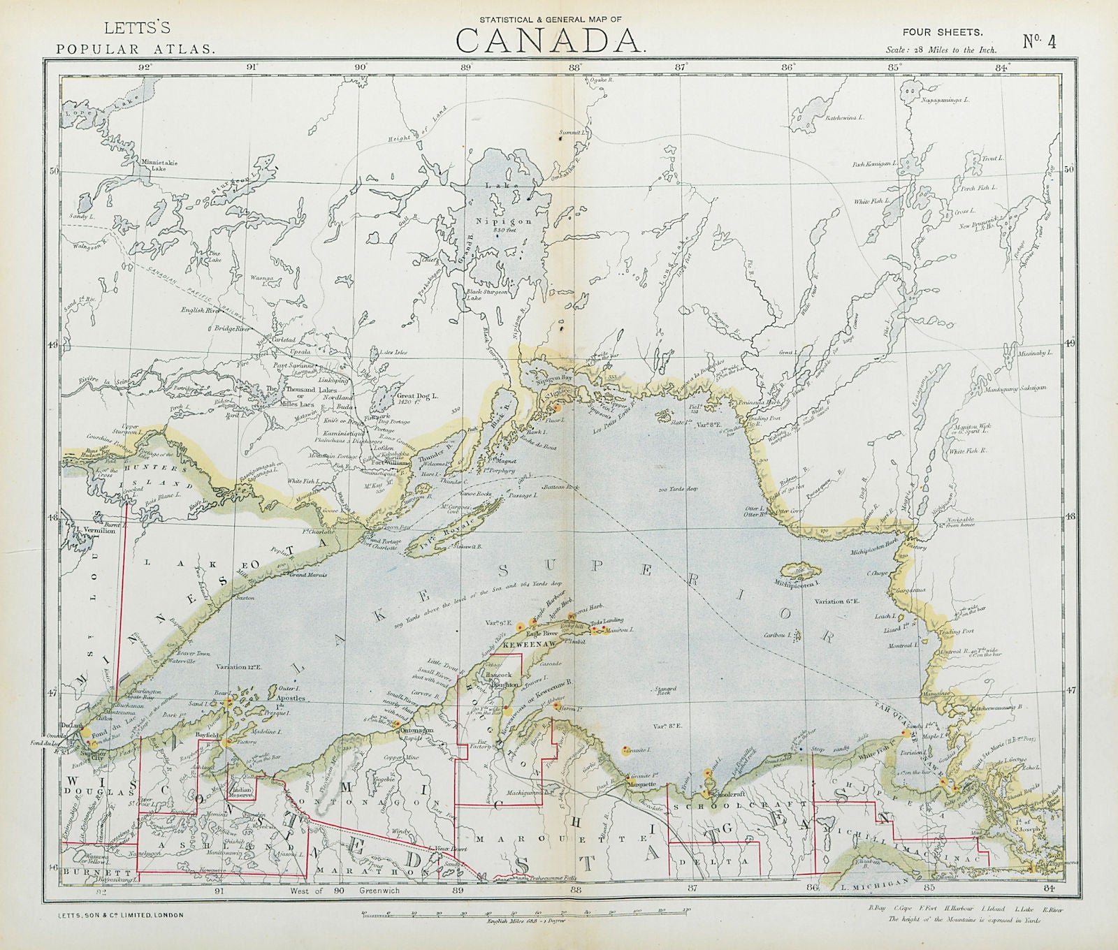 LAKE SUPERIOR. Canada Ontario Michigan. Lighthouses & Railroads. LETTS 1883 map